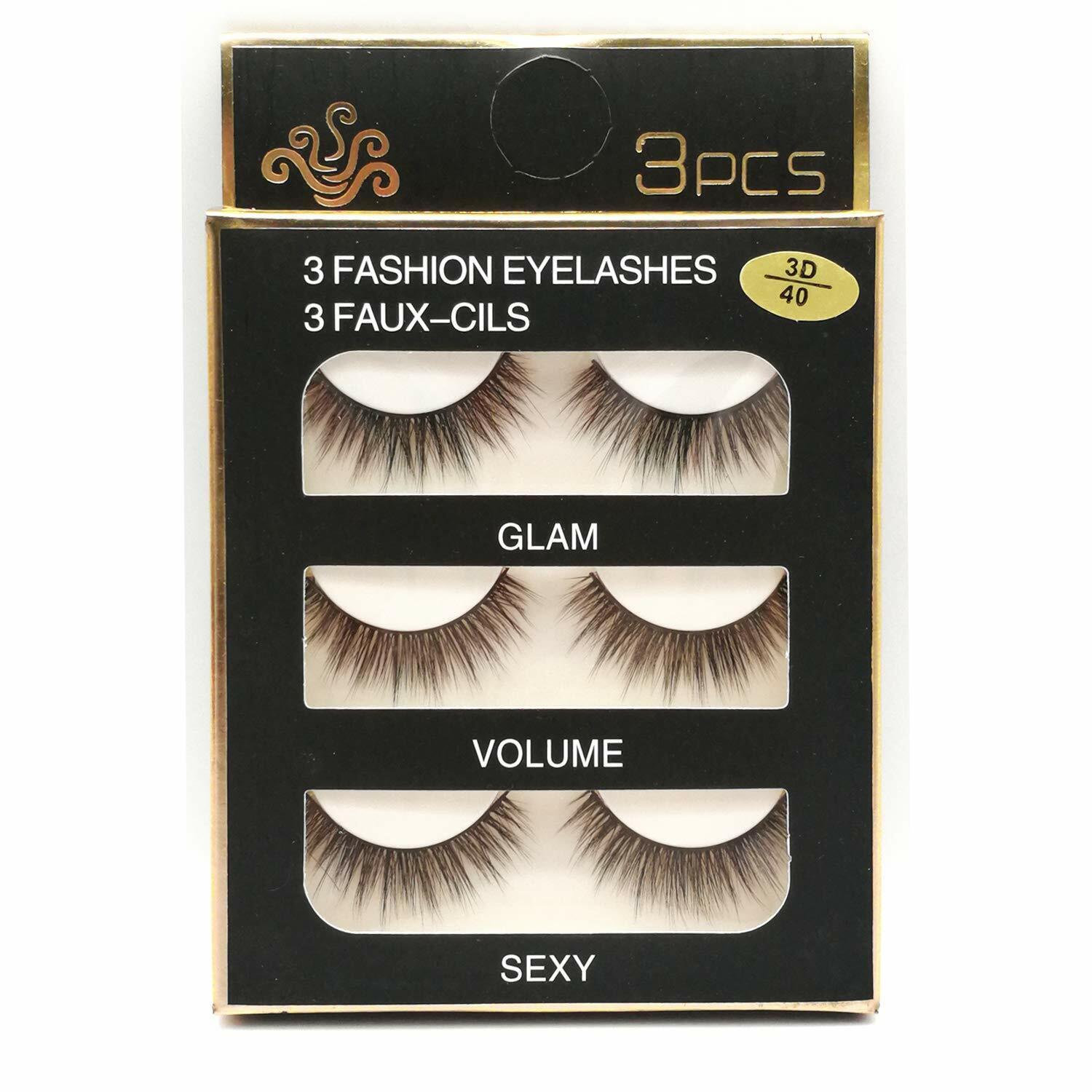 Handmade Reusable Long Cross 3D Mink False Black Eyelashes 3 Pairs (3D-40) Each Unit- Lot of 2